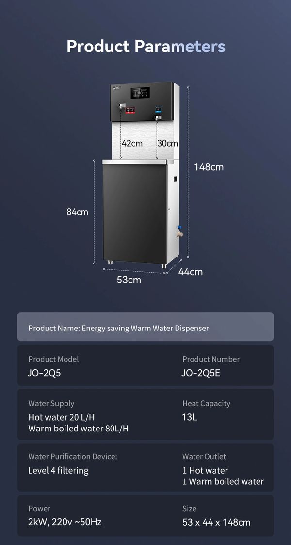 Energy saving warm water dispenser with detailed dimensions and specifications.