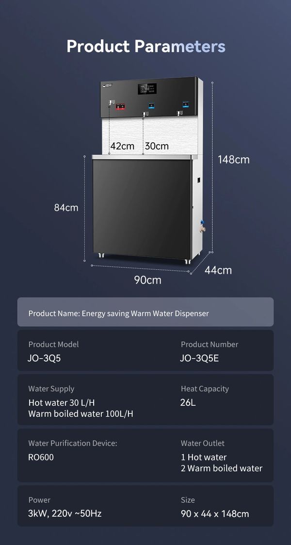 Energy saving warm water dispenser with detailed dimensions and specifications.