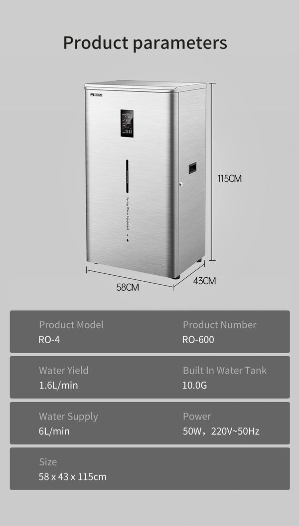 Compact RO-4 water purifier with 10-gallon tank and 1.6L/min yield.