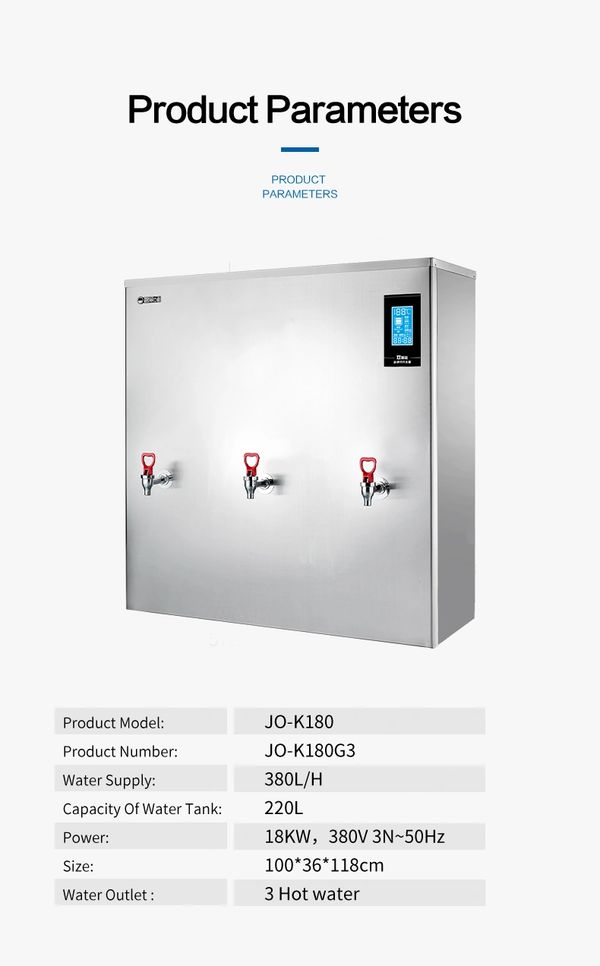 Stainless steel water dispenser with three taps and digital display.