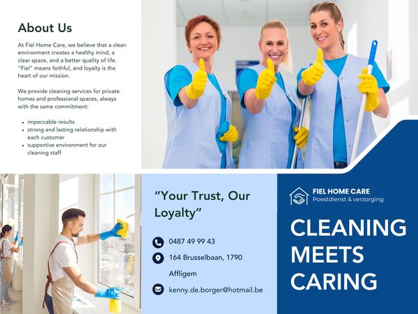 Cleaning staff showing thumbs up, promoting Fiel Home Care services.