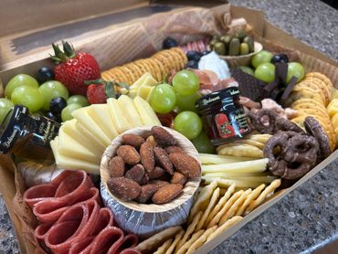 An angled photo of our large charcuterie box.