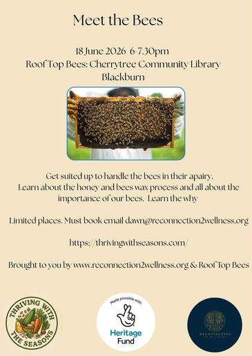 Flyer for a bee-handling event at Cherrytree Community Library, Blackburn.