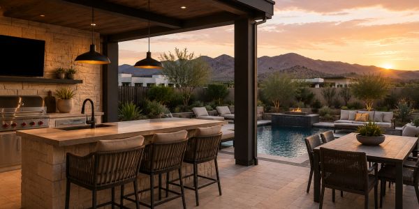Elegant outdoor kitchen and dining area overlooking a pool at sunset.