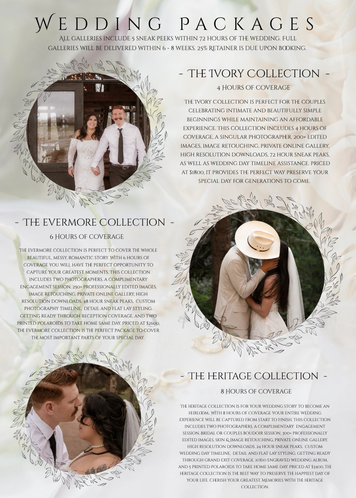 Wedding photography packages with three coverage options and unique features.