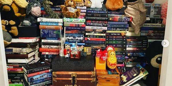 A cozy bookshelf filled with stacked books and various plush toys.
