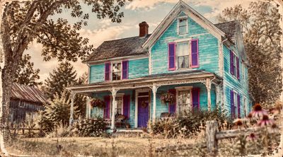 Old turquoise wooden house with purple shutters.