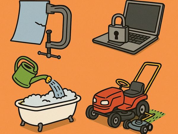 Illustrations of inefficient solutions like paper clamp, locked laptop, watering bath, and robotic mower.