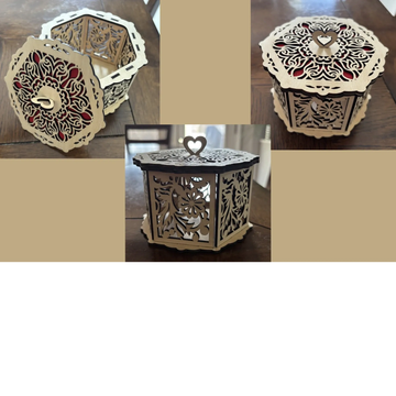 Intricately designed wooden hexagonal box with floral and heart patterns.
