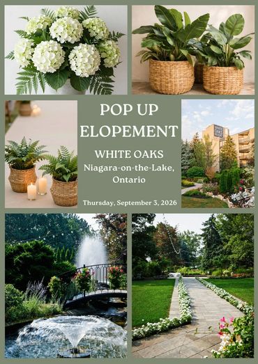 Mood board for pop up elopements at White Oaks Resort, palette of sage green, creamy white ceremony.