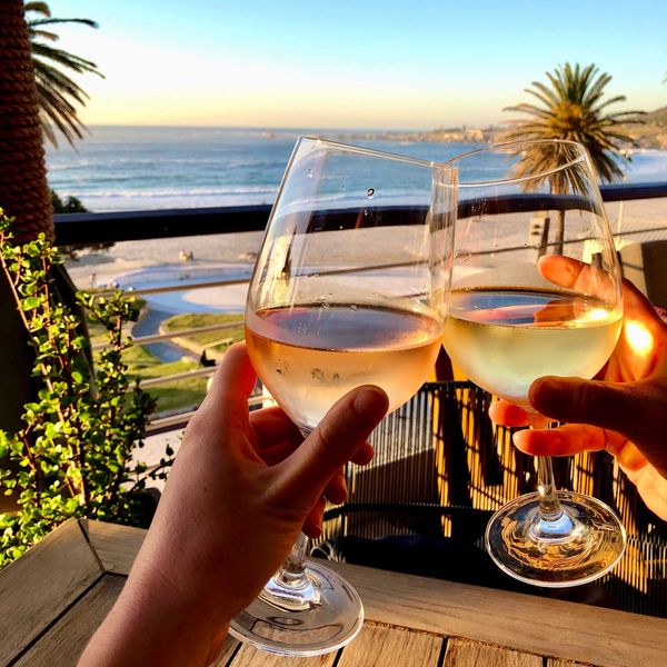 Two wine glasses clinking cheers with an ocean beach and palm trees in the background.