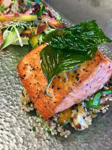 Pan-Seared Salmon, Spring Salad with Berry Balsamic Vinaigrette, Fried Chicken