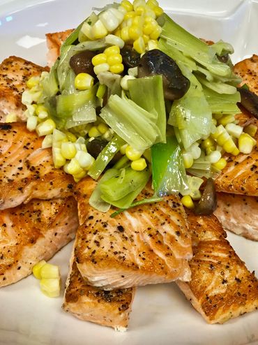 Pan-Seared Salmon with Leeks, Mushrooms and Summer Corn