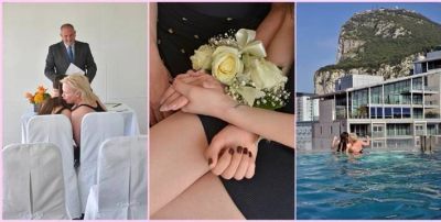 Couple enjoying a wedding and swimming together.