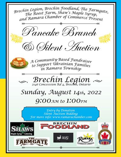 Flyer for a Pancake Brunch and Silent Auction fundraiser supporting Ukrainian families.