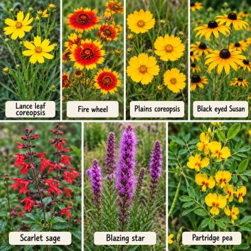 Various vibrant wildflowers labeled with names.
