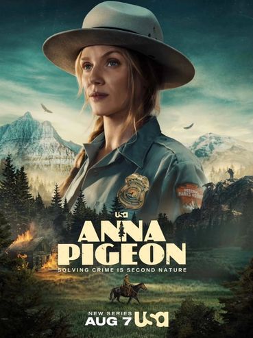 Promotional poster for 'Anna Pigeon' TV series featuring a female ranger in a mountainous forest.