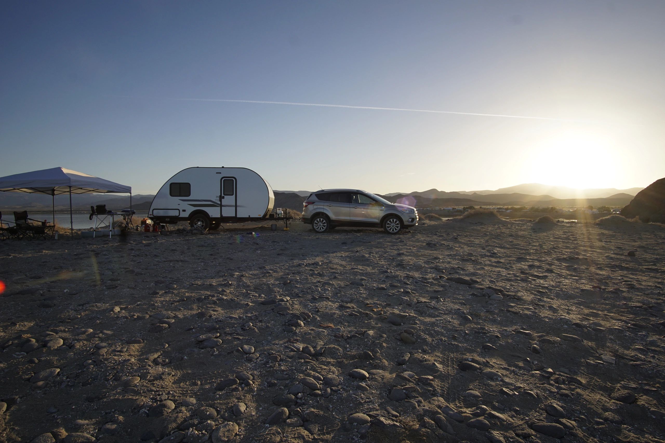 Our Bushwhacker Plus at sunset on a finger of land between the Sea of Cortez and a bay.  