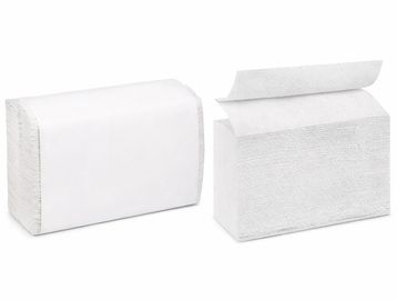 Two white multifold paper towel packs displayed side by side on