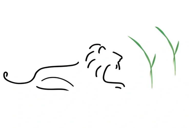 A side view of a full lion behind two blades of grass.
