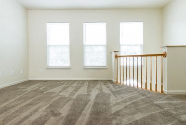 Empty room with beige carpet and three windows.