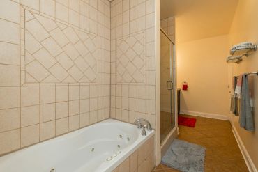 Bathroom with bathtub and shower area.