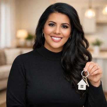 Woman smiling holding house keychain.