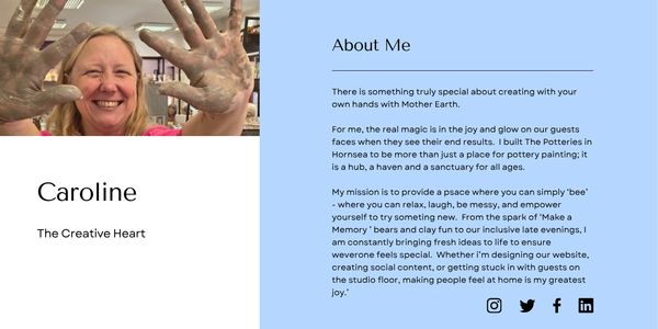 Caroline smiles with clay-covered hands, sharing her passion for pottery and creativity.