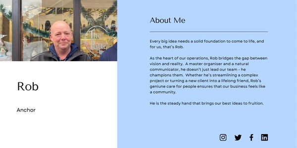 Portrait of Rob, an anchor, with a detailed 'About Me' description on a blue background.
