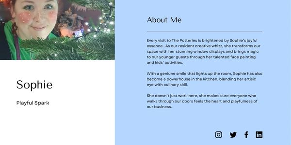 Portrait of Sophie with a festive background and her creative bio text.