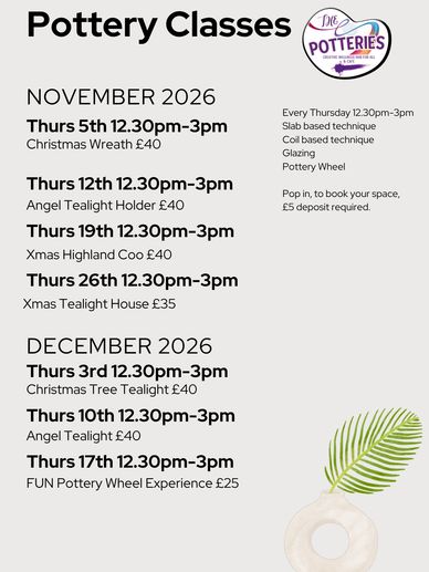 Pottery classes schedule for November and December 2026 with prices and techniques listed.