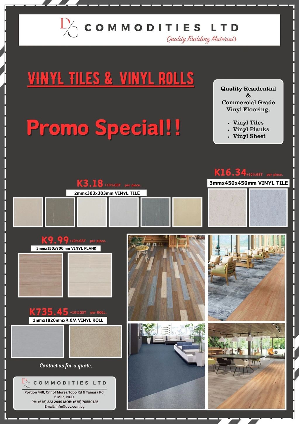 Promotional flyer for vinyl tiles and rolls by D/C Commodities Ltd.