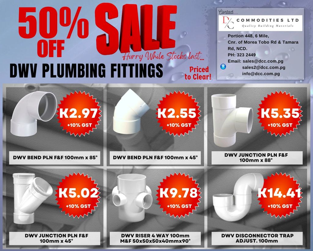50% off sale on DWV plumbing fittings with various discounted prices.