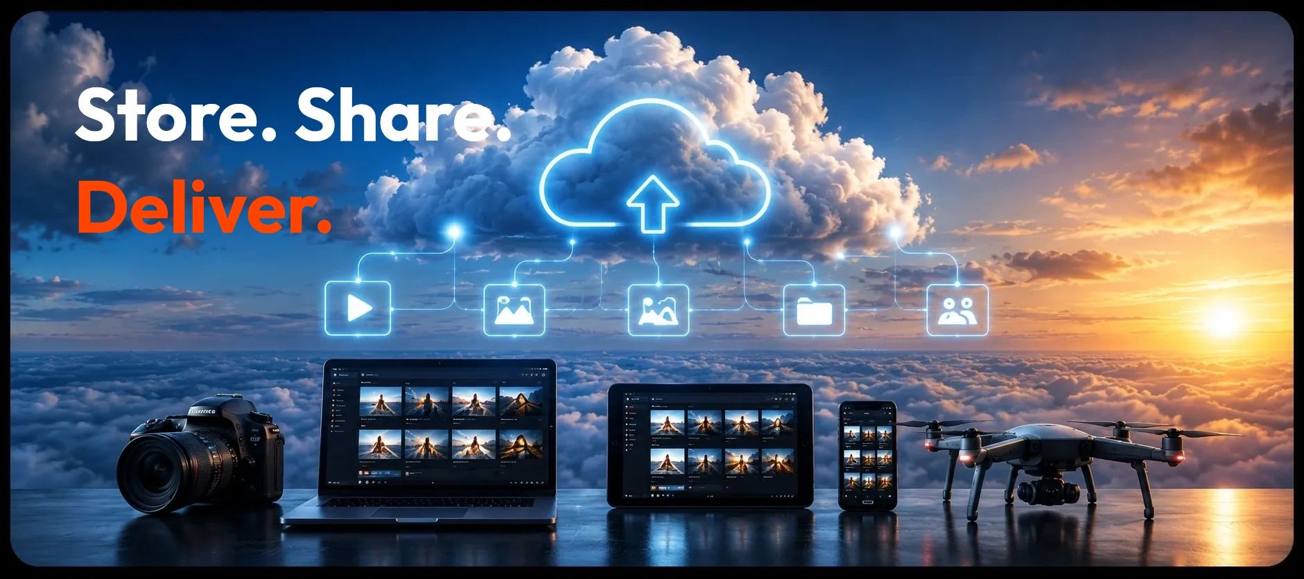Devices connected via cloud for storing and sharing media.
