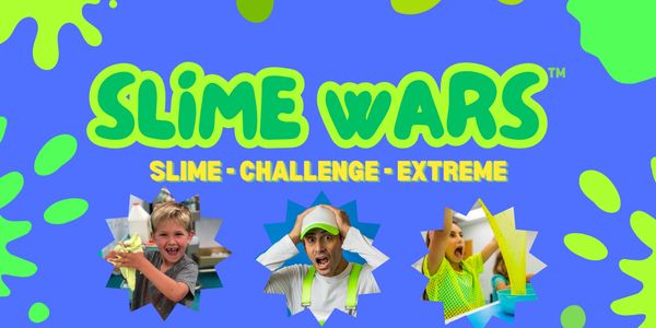 Colorful Slime Wars game banner with excited kids and slime splashes.