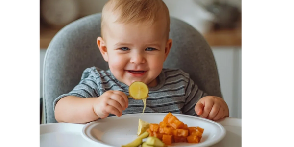 A smiling baby holding a lemon slice at the dining table.