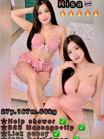 Two women posing indoors in pink outfits with text overlay about services.