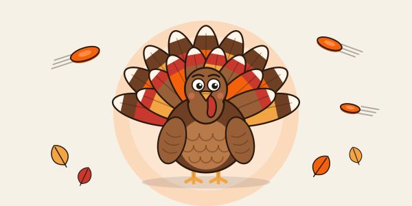 Cartoon turkey with flying clay targets for the Thanksgiving Day Turkey Shoot at Mack's Cedar Gun Cl