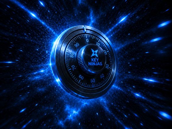 A futuristic combination lock glowing in blue amidst a cosmic background.