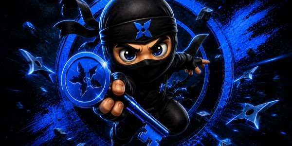Animated ninja character holding a glowing blue key with shurikens flying around.