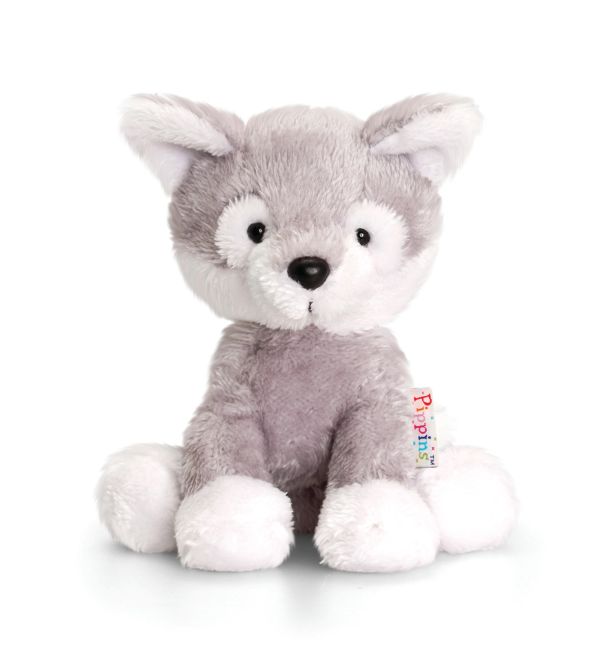 Cute gray and white plush husky stuffed animal.