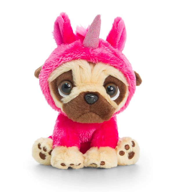 Plush pug toy dressed in a pink unicorn costume.