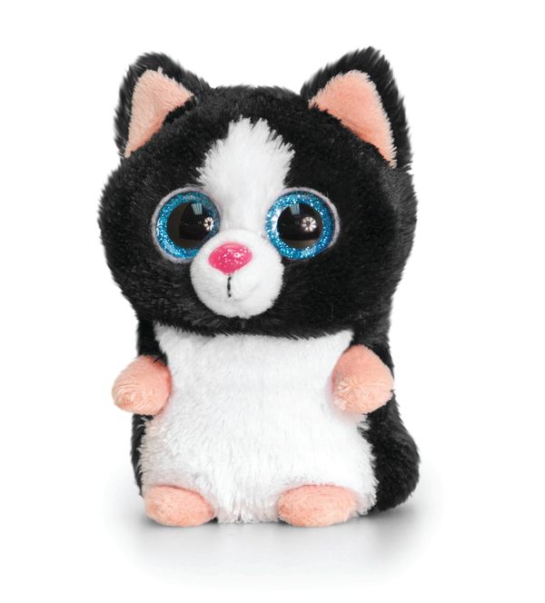 Plush black and white cat with big blue eyes.