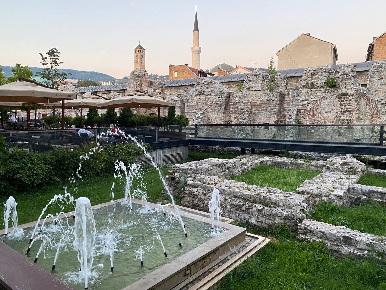 Fountains and ruins next to the hotel in Sarajevo, Bosnia