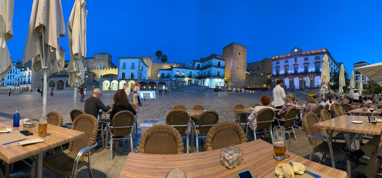 Eating dinner on the main square in Caceres