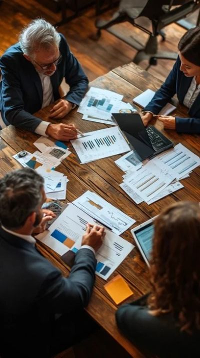 Business meeting with professionals analyzing charts and reports around a wooden table.