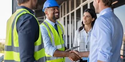 Construction workers and professionals shaking hands and smiling at a building site.