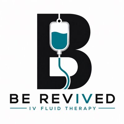 Logo for IV fluid therapy named 'Be Revived' with an IV bag integrated in the letter B.