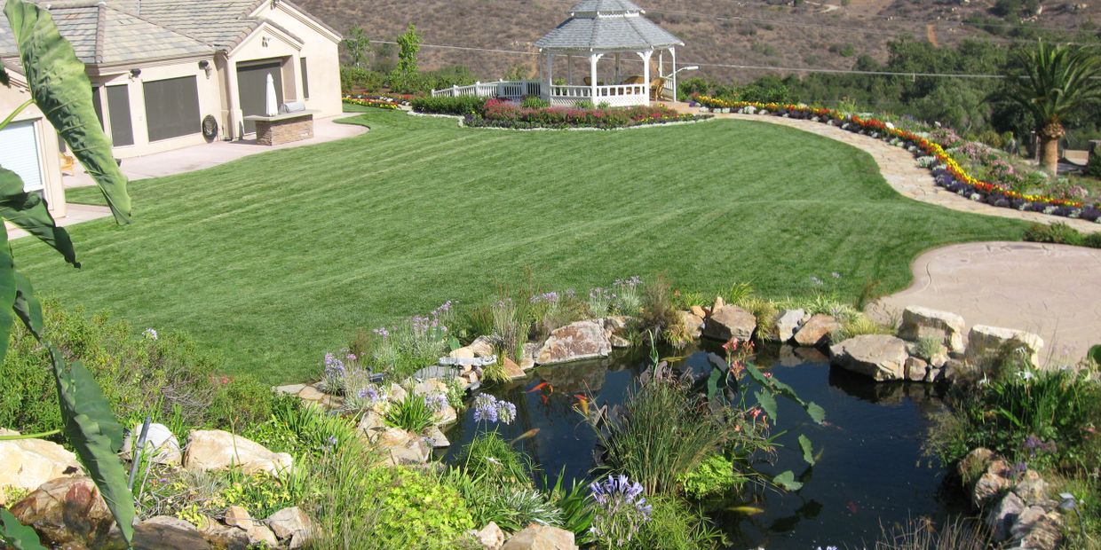 Beautiful Landscape due to adequate and efficient watering.  Koi Pond surrounded with Healthy Landsc