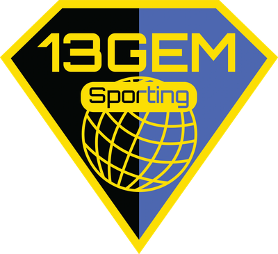 Logo of 13GEM Sporting with a yellow and blue shield and a globe design.